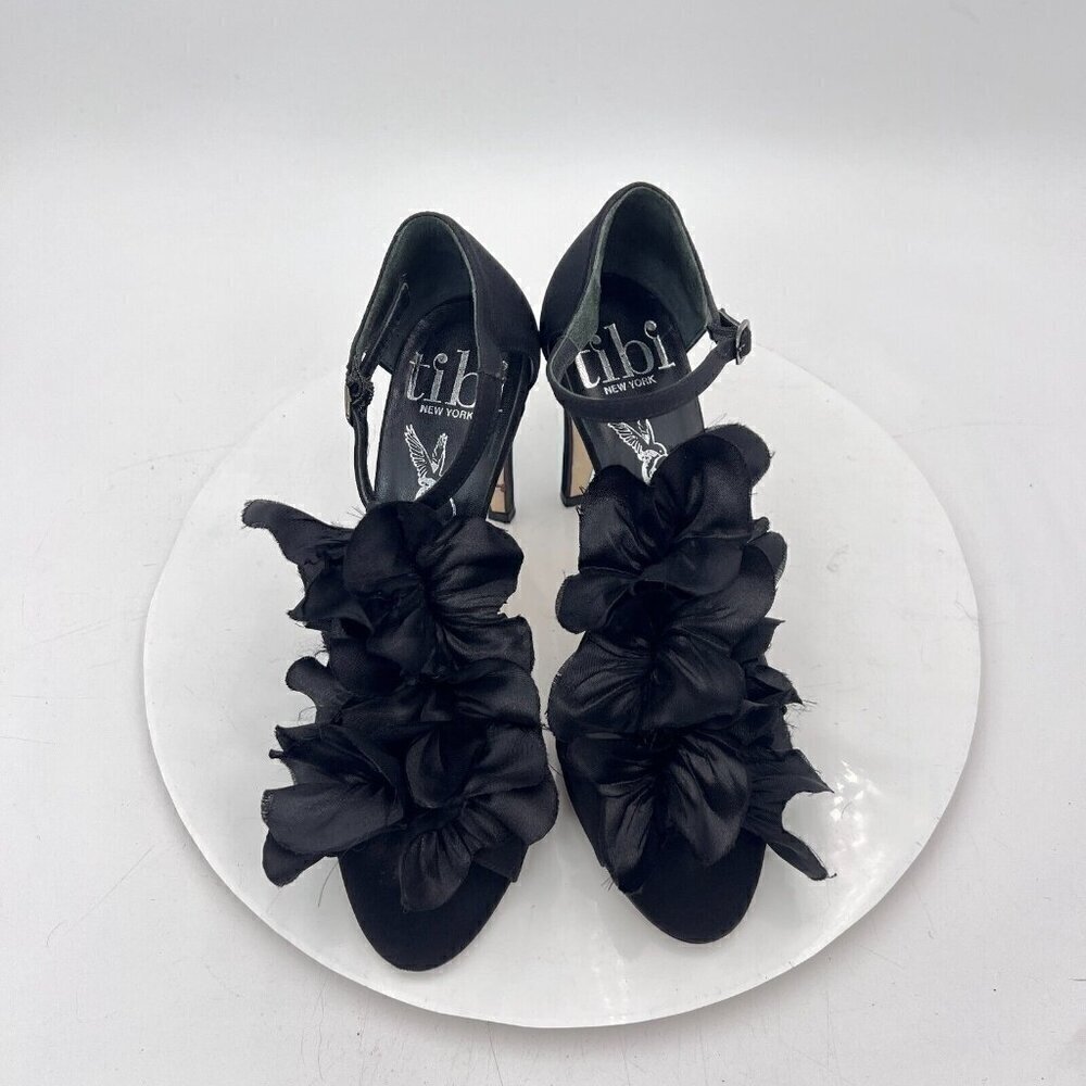 Lavorazione Artigiana Women Shoes Size 7B Black Leather Floral Satin Heel Sandal - Picture 3 of 12
